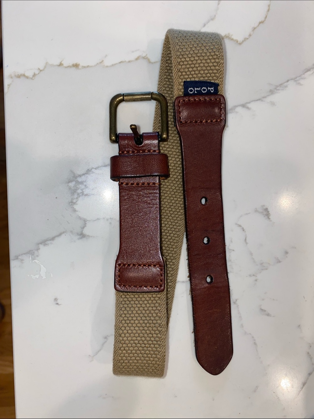 Polo by Ralph Lauren Brown Leather & Tan Canvas boys Belt with Brass Buckle